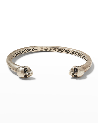 Shop John Varvatos Men's Skull Distressed Cuff Bracelet W/ Black Diamonds In Silver