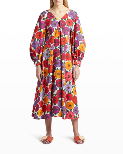 Shop La Doublej Bali Floral-print Blouson-sleeve Midi Dress In Zinnie