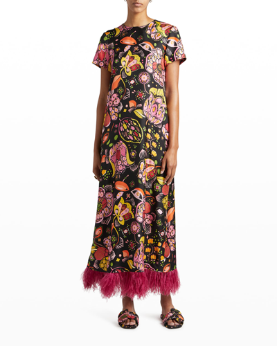 Shop La Doublej Floral-print Maxi Swing Dress With Feathers In Eden