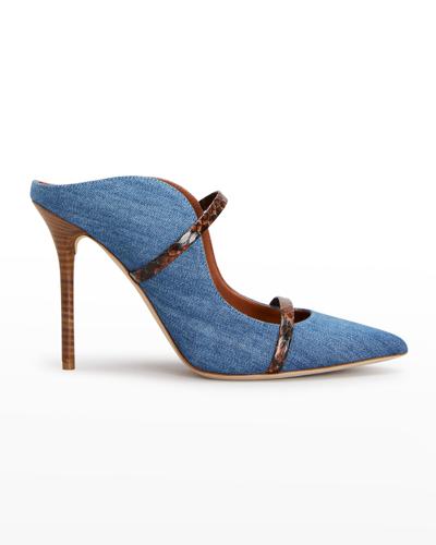 Shop Malone Souliers Maureen Denim Dual-band Mule Pumps In Denimbluetobacco