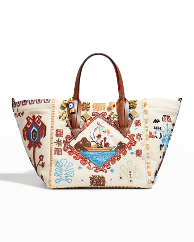 Shop Christian Louboutin Greekaba Small Embroidered Tote Bag In Multi/biscotto
