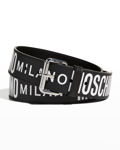 Shop Moschino Men's Capello Leather Logo Belt In Black Multi