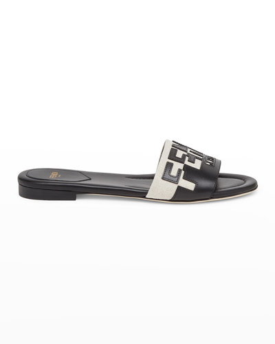 Shop Fendi Logo Bicolor Flat Sandals In Nero Grezzo