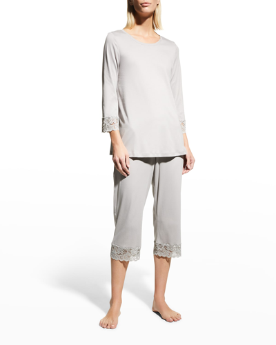Shop Hanro Moments Lace-trim Cropped Pajama Set In Pigeon