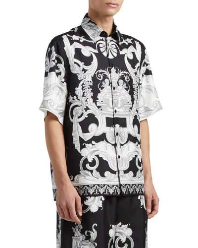 Shop Versace Men's Barocco Silk Sport Shirt In Blackwhite