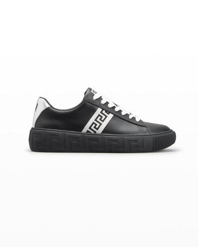 Shop Versace Men's Greca Metallic Leather Low-top Sneakers In Blacksilver