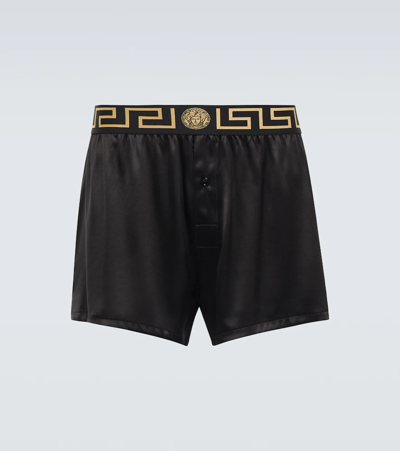 Shop Versace Greca Silk-blend Pajama Shorts In Nero