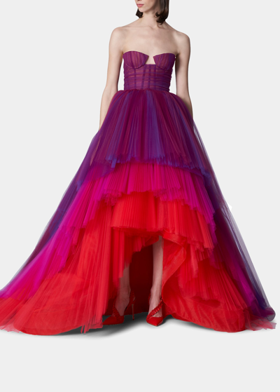 Shop Carolina Herrera Strapless Bustier Tiered Gown In Iris Multi 504