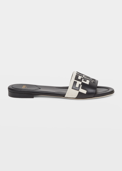 Shop Fendi Logo Bicolor Flat Sandals In Nero Grezzo