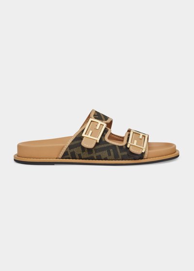 Shop Fendi Ff Jacquard Dual Buckle Slide Sandals In Tabacco Nero