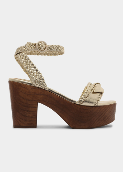 Shop Alexandre Birman Clarita Woven Leather Bow Clog Sandals In Golden