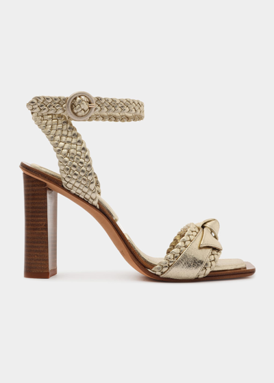 Shop Alexandre Birman Clarita Woven Bow Ankle-strap Sandals In Golden