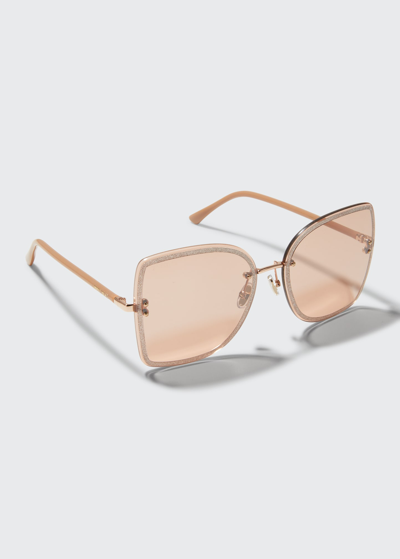 Shop Jimmy Choo Letis Rimless Metal Butterfly Sunglasses In 0fib Nude Gold