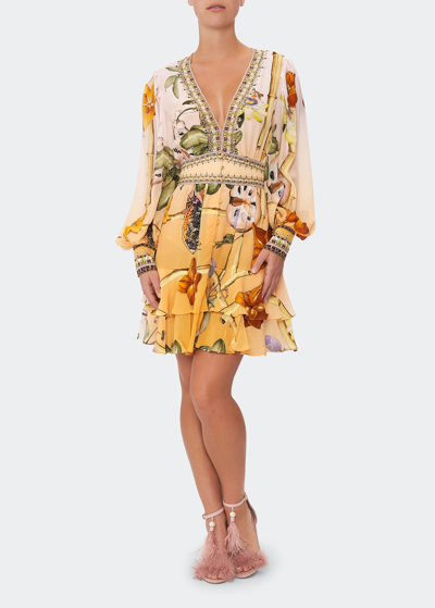 Shop Camilla Blouson-sleeve Button-front Silk Mini Dress In Original Sin