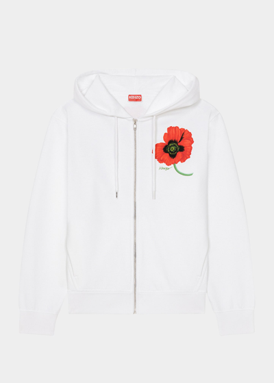 Shop Kenzo Graphic Poppy Zip-front Hoodie In White
