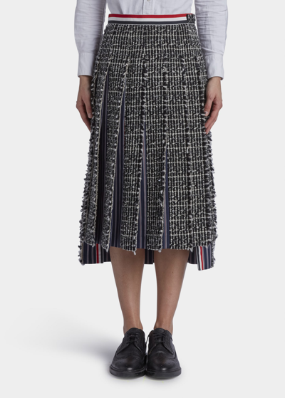 Shop Thom Browne Dropped-back Jacquard Pleated Midi Skirt In Blk/wht