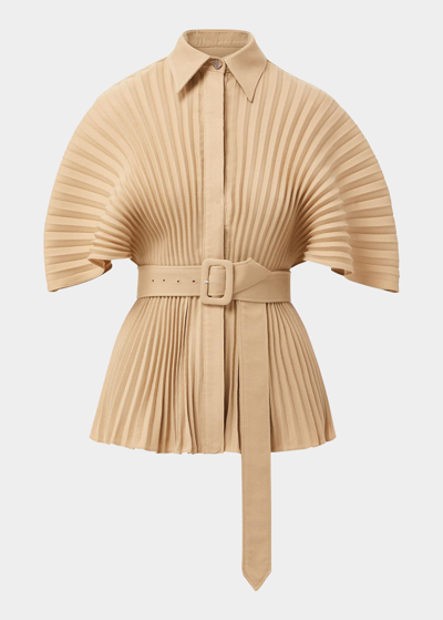 Shop Brandon Maxwell Pleated Button-up Top W/ Belt In Khaki
