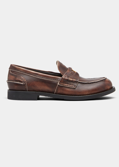 Shop Miu Miu Leather Coin Penny Loafers In Ebano