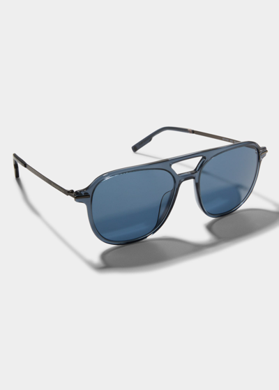 Shop Zegna Men's Double-bridge Plastic Aviator Sunglasses In 92v Bluoblu