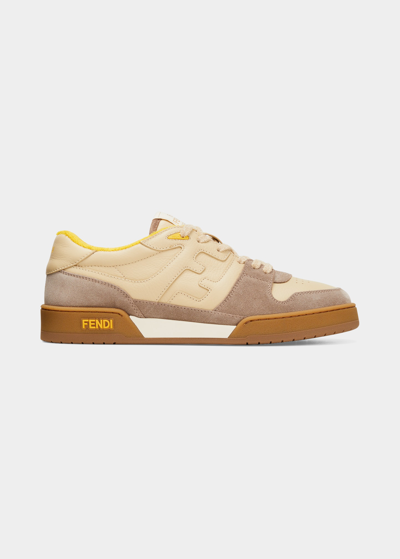 Shop Fendi Men's Leather Ff-logo Low-top Sneakers In Dodostrawgiallo