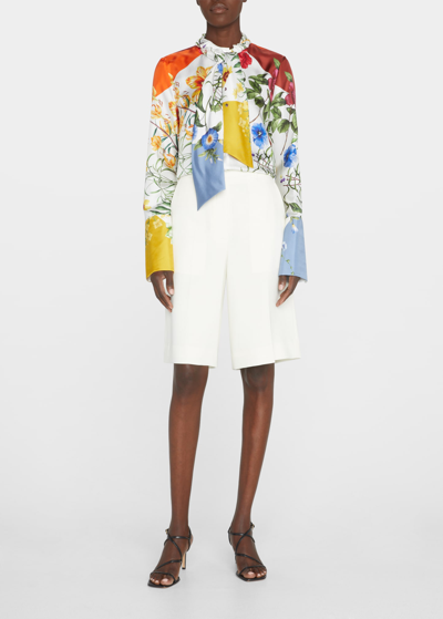 Shop Oscar De La Renta Geo Floral Silk Twill Button-front Blouse In White Multi