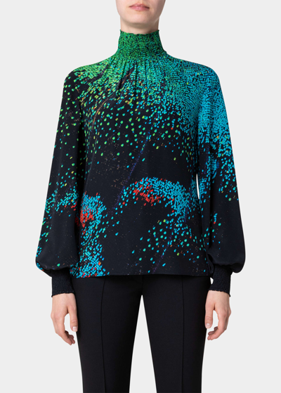 Shop Akris Punto Close-up Butterfly Wing-print Silk Blouse In Black-multicolor