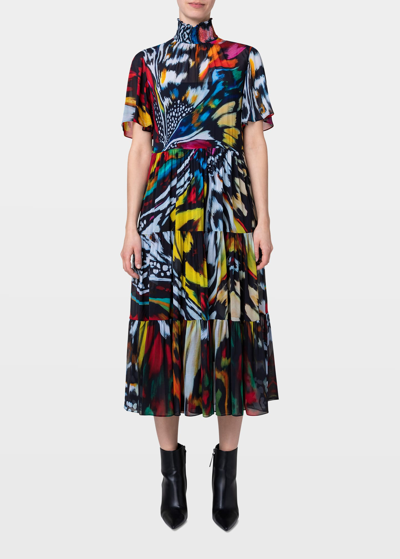Shop Akris Punto Butterfly-print Tiered Midi Dress In Multicolor