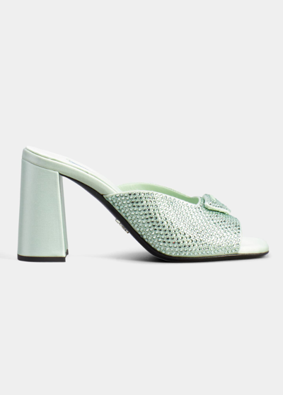 Shop Prada Crystal Silk Logo Mule Sandals In Acqua