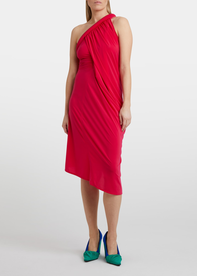 Shop Jw Anderson One-shoulder Gathered Knee-length Dress In Raspberry