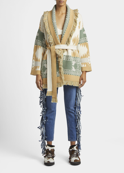 Shop Alanui Ikat Jacquard Belted Cashmere Icon Cardigan In Off White Multic