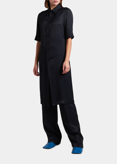 Shop Jil Sander Short-sleeve Collared Matte Fluid Tunic Shirt In Dark Blue