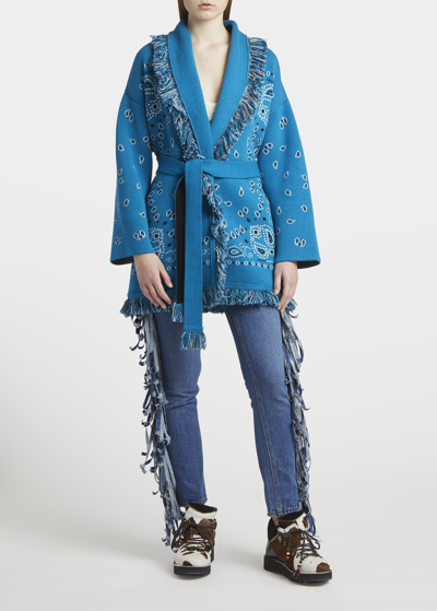 Shop Alanui Bandana Jacquard Belted Cashmere Cardigan In Teal Multicolor