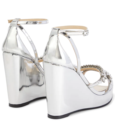 Shop Jimmy Choo Bing Wedge 120 Metallic Sandals In Silver/crystal