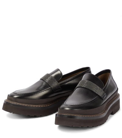 Shop Brunello Cucinelli Embellished Leather Platform Loafers In Black
