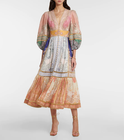 Shop Zimmermann Anneke Lantern Printed Linen Midi Dress In Spliced