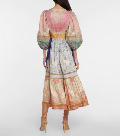 Shop Zimmermann Anneke Lantern Printed Linen Midi Dress In Spliced