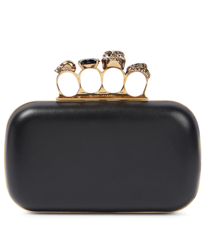 Alexander Mcqueen Skull Four Ring Embellished Clutch In Black