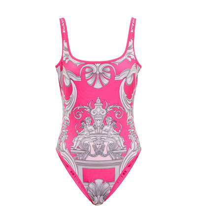 Shop Versace Silver Baroque Reversible Swimsuit In Fuxia+english Rose