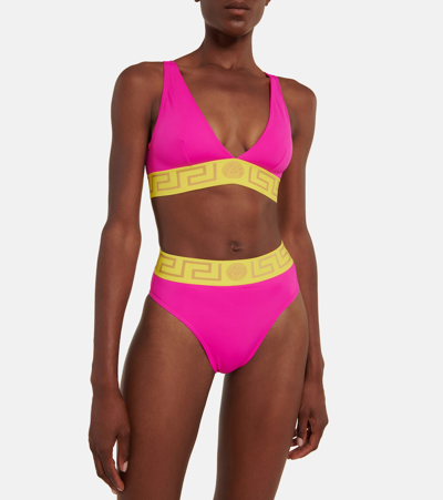Shop Versace Greca Triangle Bikini Top In Fuxia+yellow