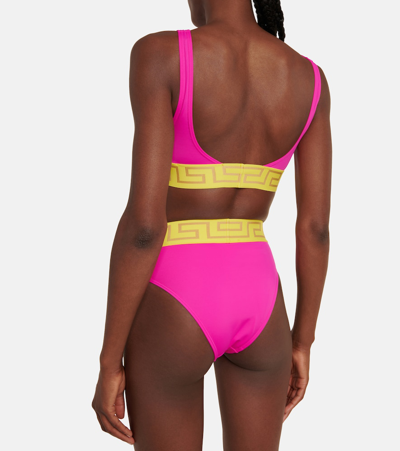 Shop Versace Greca Triangle Bikini Top In Fuxia+yellow