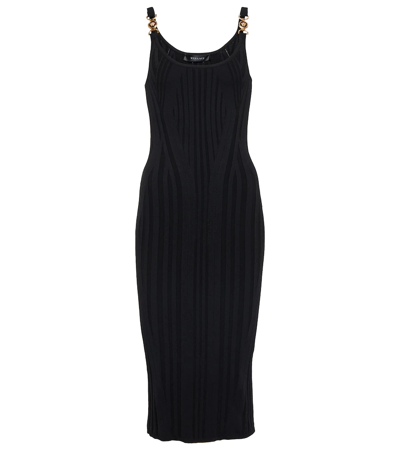 Shop Versace Medusa Knit Midi Dress In Black