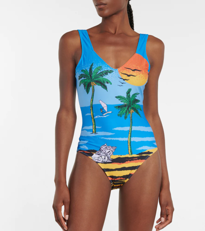 Shop Ganni Printed Swimsuit In Beach Cloisonne