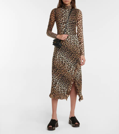 Shop Ganni Leopard-print High-neck Top In Leopard Seedpearl
