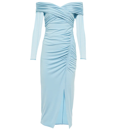 Shop Self-portrait Ruched Jersey Midi Dress In Light Blue