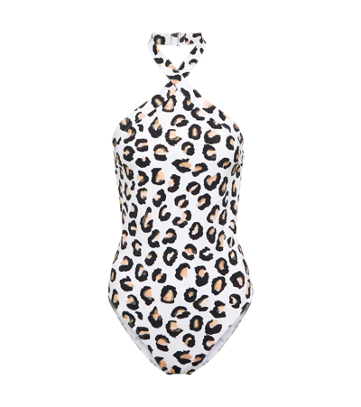Shop Alaïa Leopard-print Halterneck Swimsuit In Blanc Noir