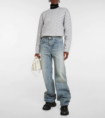 Shop Balenciaga Mini Allover Logo Cotton-blend Sweater In Grey/white