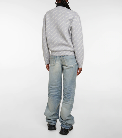 Shop Balenciaga Mini Allover Logo Cotton-blend Sweater In Grey/white
