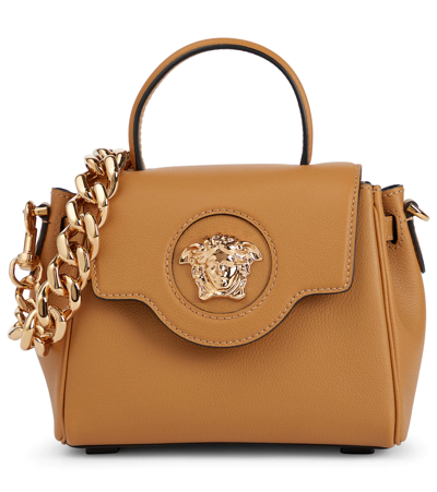 Shop Versace La Medusa Small Leather Tote In Tawny Brown- Gold