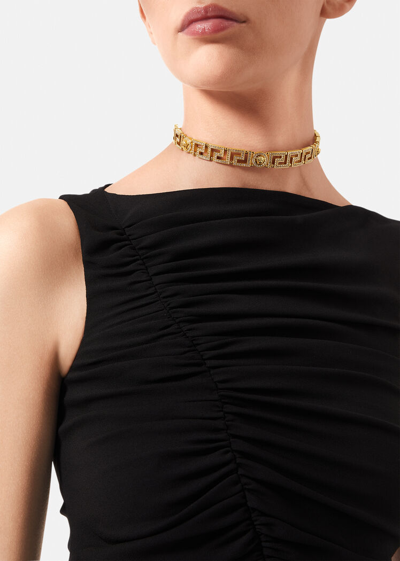 Shop Versace Crystal Medusa Greca Choker Necklace In Gold