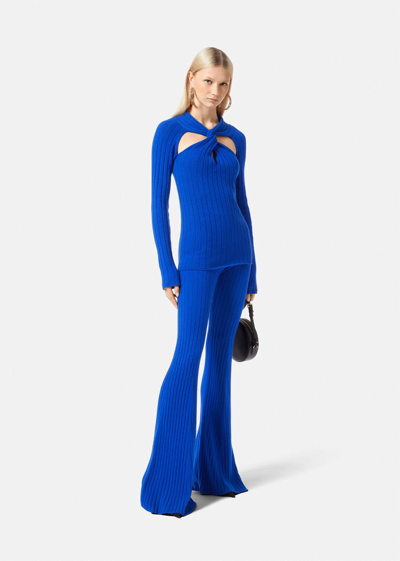 Shop Versace Ribbed Flared Trousers, Female, Blue, 44